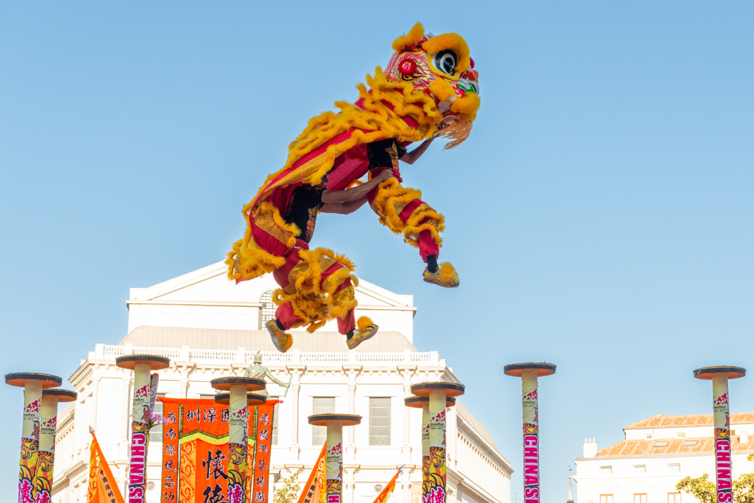 Danza del León "Doble Suerte" de la Compañía de Danza del León y Artes Marciales Huaide de Fuyong de Shenzhen